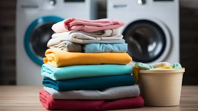 A colorful stack of neatly folded clothes beside a laundry basket